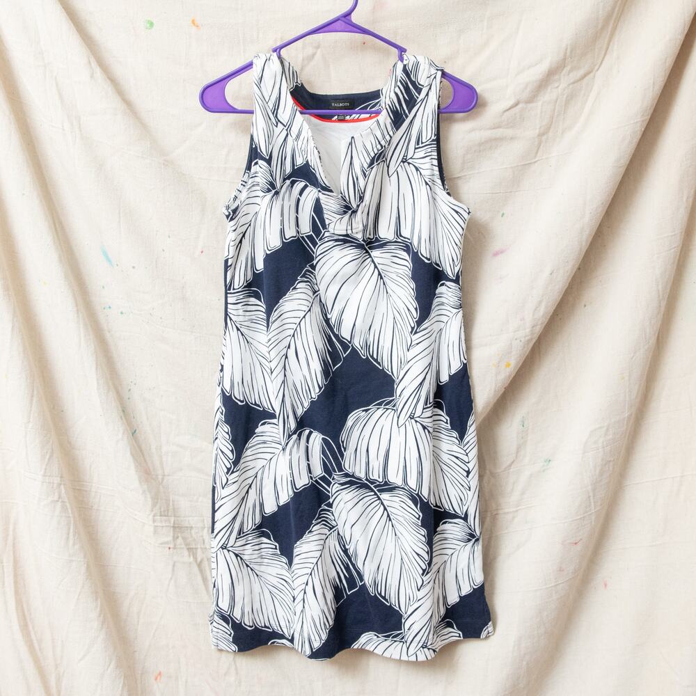 Talbots Sz M Navy White Palm Frond Leaf Print 100% Cotton Sleeveless Dress